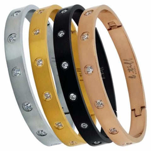 B.Tiff 8-Stone Bold Gold Plated Stainless Steel Bangle Bracelet Black, Gold, Rose Gold, Steel, Small, Med, Large