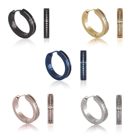 B.Tiff Pave 34-Stone Stainless Steel Hoop Earrings Black Blue Gold Silver Rose Gold