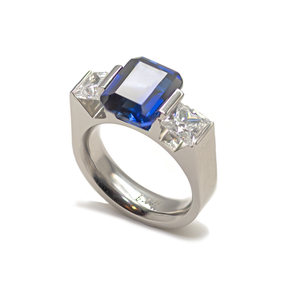 B.Tiff 3-Stone 3 ct Blue Emerald Cut Engagement Ring
