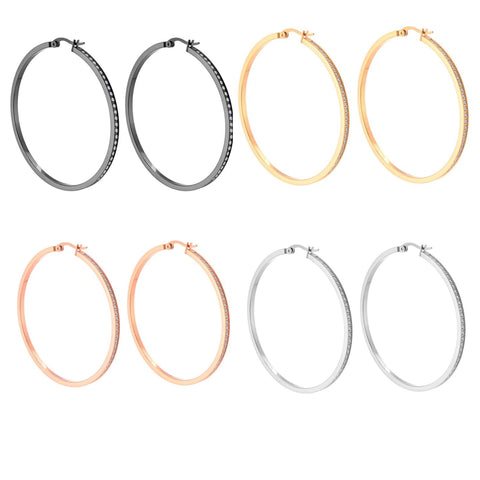 B.Tiff Pave 146-Stone Big Stainless Steel Hoop Earrings Black Gold Silver Rose Gold