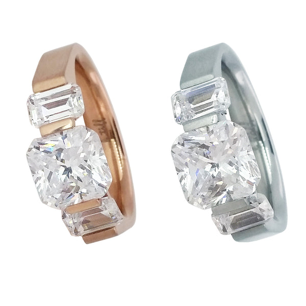 B.Tiff 2 ct Stainless Steel Cushion Cut with Baguettes Engagement Ring Natural Rose Gold