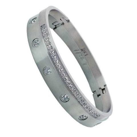 B.Tiff Brighter than Diamond Stainless Steel Pave 2 Bangle Bracelet Double Stack