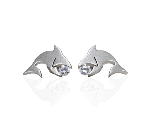 B.Tiff Shark Earrings, Stainless Steel Earrings .20 ct Round Diamond Alternative Stone