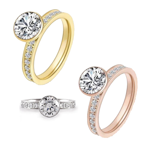 B.Tiff 2 Ct Eternity Classic Solitaire Pave Engagement Ring Stainless Steel Gold Rose Gold